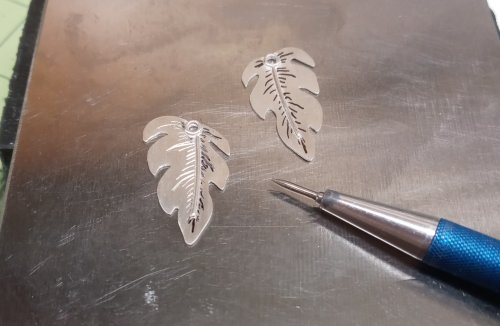 Judy Larson's Recycled Black Pearl Earrings - , Metalwork, Design, Beads, Place the monstera leaves on a bench block